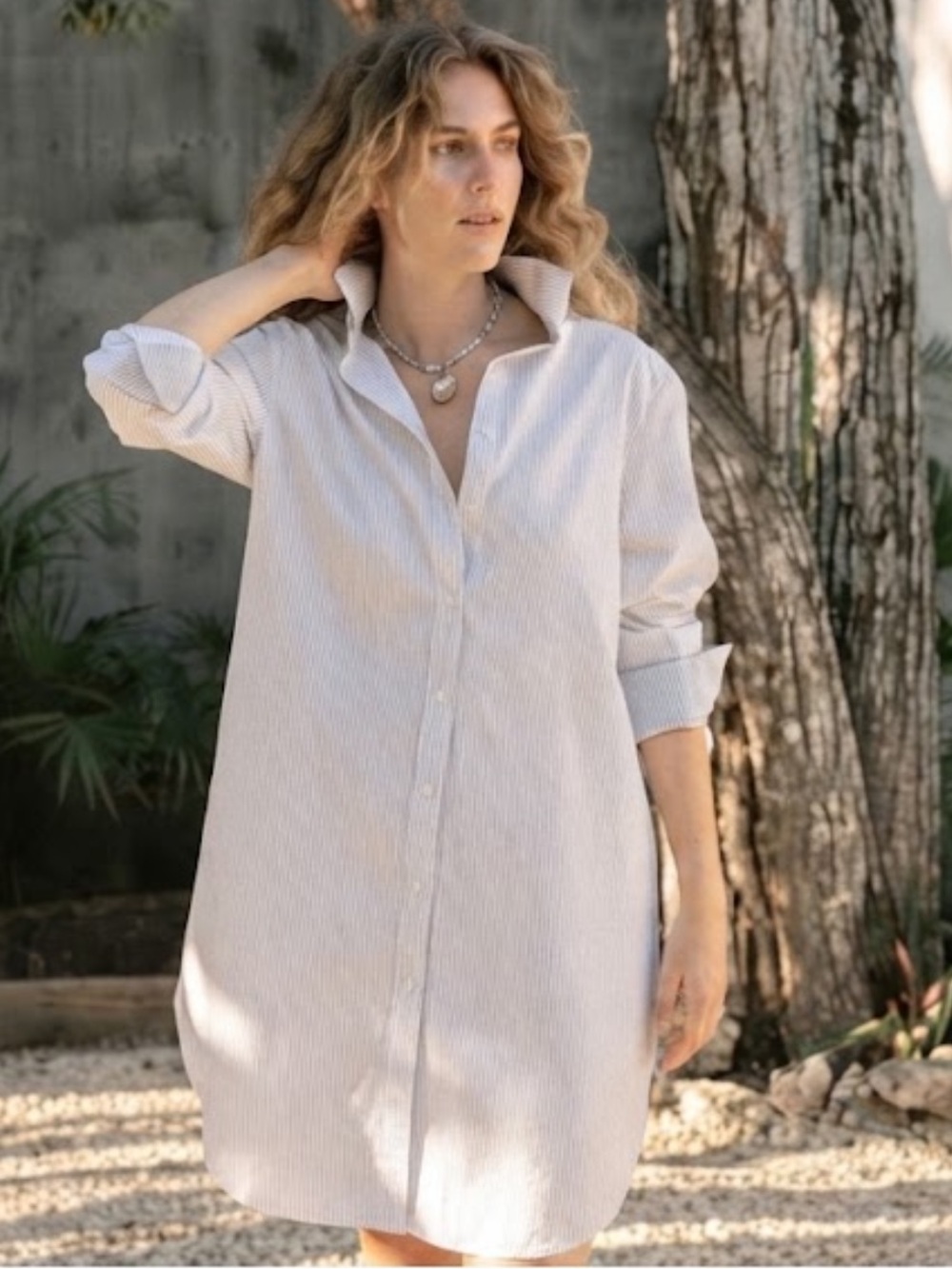 Mersea Essential Shirt Dress Tan White Striped Cotton Lyocell Belted Medium